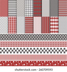 Vector illustration of a set of 16 seamless patterns in monochrome colors with laces, stripes, arranged in tiles  