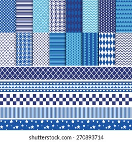 Vector illustration of a set of 16 seamless patterns in monochrome colors with laces, stripes, arranged in tiles