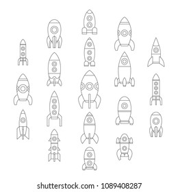 Vector illustration: Set of 19 black linear style icons with different rocket ship models isolated on white. Project start up and development process. Innovation product and management.
