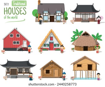 Vector illustration Set 2 of Traditional Houses of the World in cartoon style isolated on white background