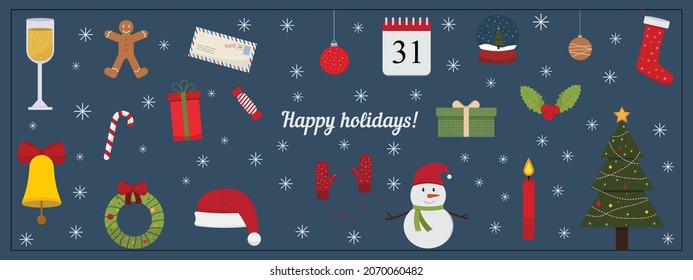 Vector illustration of a set of 20 different Christmas items. These elements can be used to create your own, creative designs.