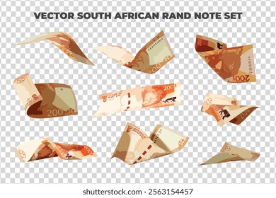 Vector illustration of set of 200 South African rand notes flying in different angles and orientations. Currency note design in Scalable eps format
