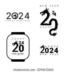  Vector illustration of a set of 2024 numbers with dragon. Logo text design for New Year 2024 and Christmas. Stickers black 2024 for notebooks, calendars, websites and diaries.