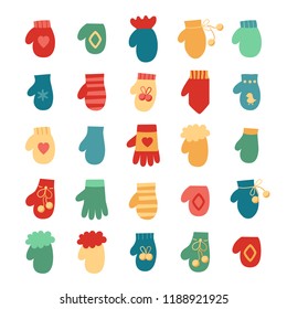 Vector illustration: set of 25 brigrt winter hand clothes:  gloves and  mittens  isolated on white background. Decorative elements for Christmas greeting cards, fabrics, wallpapers, wrapping paper
