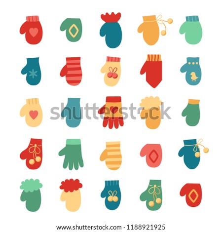 Vector illustration: set of 25 brigrt winter hand clothes:  gloves and  mittens  isolated on white background. Decorative elements for Christmas greeting cards, fabrics, wallpapers, wrapping paper
