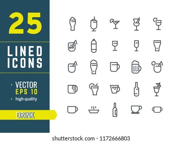 Vector illustration. Set of 25 Modern thin line icons in flat style. DRINK. For business production, devices,  logo, web, etc.