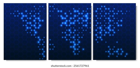 Vector illustration. Set of 3 backgrounds. Blue hexagonal grid with glowing dots forming a digital world map. Global network concept. Design for poster, wall art design, layout, report, cover, flyer