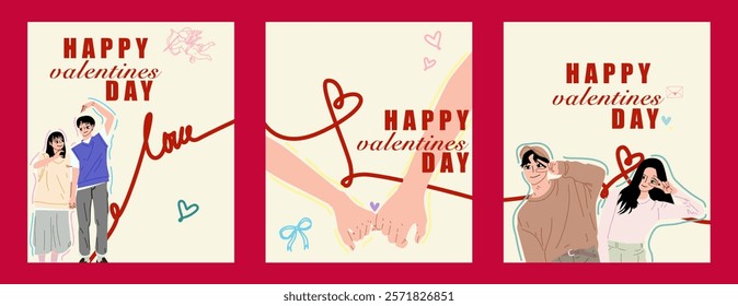 A vector illustration set of 3 banners or cards with Happy Valentine's Day themes, featuring romantic couples in various poses, symbolizing love, affection, and celebration of togetherness.