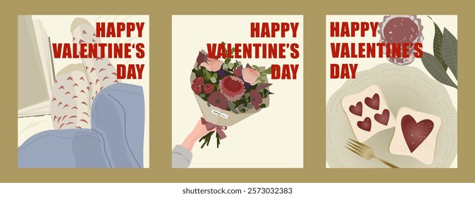 A vector illustration set of 3 banners or cards with Happy Valentine's Day themes, featuring aesthetic flowers, toast, and love elements, symbolizing romance, celebration, and heartfelt emotions.