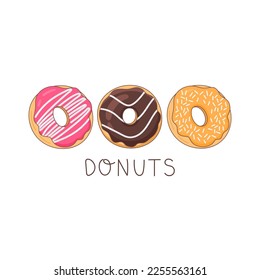 Vector illustration. A set of 3 donuts with pink, chocolate and caramel icing. Decoration for greeting cards, posters, patches, clothing prints, emblems.