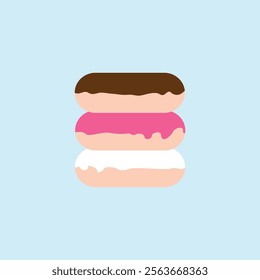 Vector illustration. A set of 3 donuts with pink, chocolate and white and blue icing. Decoration for greeting cards, posters, patches, clothing prints, emblems.