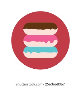 Vector illustration. A set of 3 donuts with pink, chocolate and white and blue icing. Decoration for greeting cards, posters, patches, clothing prints, emblems.
