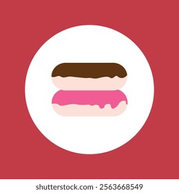 Vector illustration. A set of 3 donuts with pink and chocolate icing. Decoration for greeting cards, posters, patches, clothing prints, emblems.