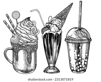 Vector illustration of a set of 3 summer drinks. 2 milkshakes and a bubble tea in engraving style