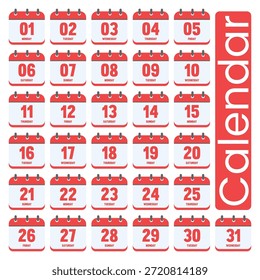Ilustração vetorial do conjunto de 31 páginas do calendário diário com números de 1 a 31