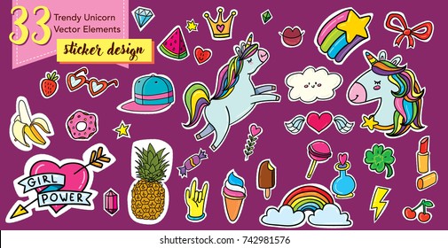 Vector Illustration Set Of 33 Hand Drawn Doodle Trendy Hipster Unicorn Elements. Patch, Sticker, Badge, Pin Design With Feminism Teenager Symbols (heart With Sign 