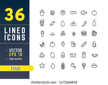 Vector illustration. Set of 36 Modern thin line icons in flat style. FOOD. For business production, devices,  logo, web, etc.