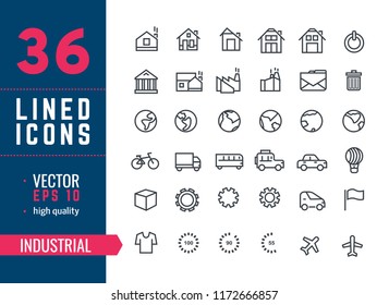 Vector illustration. Set of 36 Modern thin line icons in flat style. INDUSTRIAL. For business production, devices,  logo, web, etc.