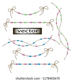 Vector illustration set of 3D beads on thread in retro boho chic style, bright colors for design