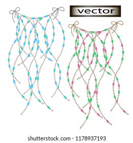 Vector illustration set of 3D beads hung on a string garland in retro boho chic style, bright colors for design