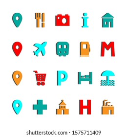 Vector illustration. Set of 3d colorful icons isolated on white background. Map Icons. Location Icons.