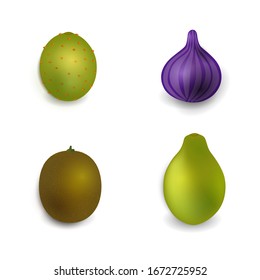  Ilustración vectorial. Conjunto de frutas tropicales exóticas en 3D. Papaya entera, Fig entera, fruto Kiwi entero, Pear prés entero.