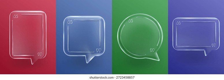 Vektorgrafik. Satz von 3D-Glas Morphismus Zitat Rahmen. Transparente Sprechblasen auf buntem Hintergrund. Moderne Vorlage für Poster, Testimonials, Web UI Design. Eleganter und glänzender Stil