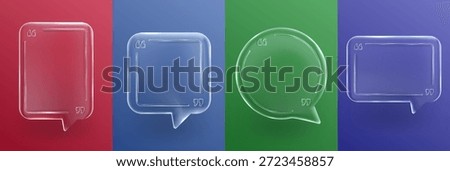 Vector illustration. Set of 3D glass morphism quote frames. Transparent speech bubbles on colorful backgrounds. Modern template for poster, testimonials, web UI design. Sleek and glossy style