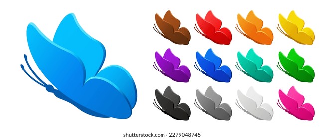 Vector illustration set of 3d monarch butterfly silhouette in side view with bright colorful wings. Modern style is perfect for summer and spring graphic design, icons and nature themes