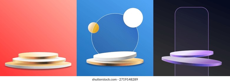 Ilustración vectorial. Conjunto de podios y plataformas realistas en 3D para la presentación de productos. Abstractas fondos futuristas con Formas geométricas, cilindros, brillos de neón y Gradientes. Escenario elegante