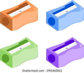 Vector illustration set of a 3d sharpener for sharpening pencils and school supplies