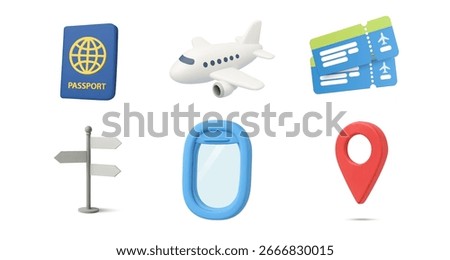 Vector illustration set of 3d travel icons including a passport, airplane, flight tickets, direction sign, airplane window, and location pin, symbolizing tourism, vacation, and navigation.
