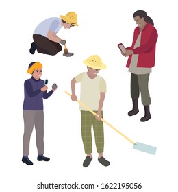 Vector illustration set of 4 archaeologists. People are excavating archaeological sites. A woman is looking through a magnifying glass, a man is digging. Uses a tablet, sweeps the earth with a brush
