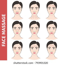 Vector illustration: set of 4 asian femalefaces with massage  instructions isolated on white background.
