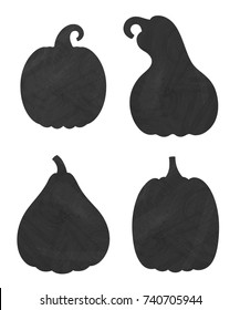 Vector illustration: set of 4 black grungy chalk board flat pumpkin icons side view isolated on white background
