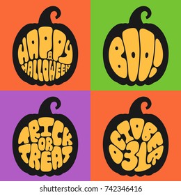 Vector illustration: set of 4 black pumpkin silhouettes with yellow letters - hand drawn circle Halloween lettering isolated on bright background for your holiday design.