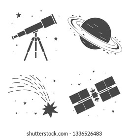 Vector illustration: set of 4 cosmic icons telescope, satellite, saturn planet, meteor comet on white background. Icon for observatory, learning astronomy, astrophysics science and cosmic discovery,
