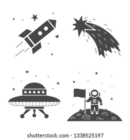 Vector illustration: set of 4 flat black cosmos icons: comet, rocket, astronaut and alien spaceship isolated on white background. For learning astronomy, astrophysics science, cosmic discovery