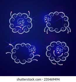 Vector illustration: Set of 4 funny sheep in different poses made of  blue diamonds isolated on blue shiny background
