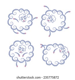 Vector illustration: Set of 4 funny sheep decorative contours in different poses made of  blue and pink diamonds isolated on white background