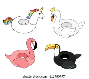 Vector illustration: set of 4 inflatable swimming accessories rubber Unicorn with rainbow mane and tale, pink Flamingo, white Swan in crown and black Toucan in flat style isolated on white background
