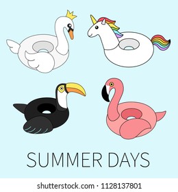 Vector illustration: set of 4 inflatable swimming accessories rubber Unicorn with rainbow mane, pink Flamingo, white Swan in crown and black Toucan in flat style isolated on blue background