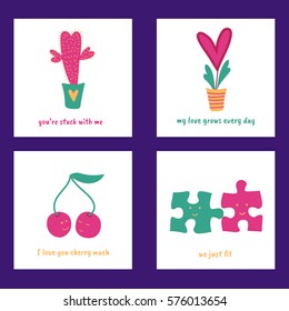 a vector illustration; a set of 4 love pun cards; cute hand drawn cartoon objects; cute quote design; a lovely saying