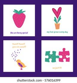 a vector illustration; a set of 4 love pun cards; cute hand drawn cartoon objects; cute quote design; a lovely saying