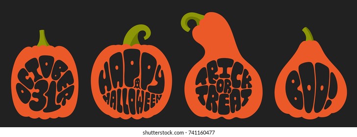 Vector illustration: set of 4 orange pumpkin silhouettes with black letters - hand drawn circle Halloween lettering isolated on black background for your holiday design.
