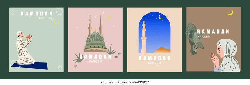 A vector illustration set of 4 Ramadan Kareem banners cards featuring a man and woman praying, mosque, star, and crescent moon elements with an aesthetic palette, perfect for Islamic and festive theme