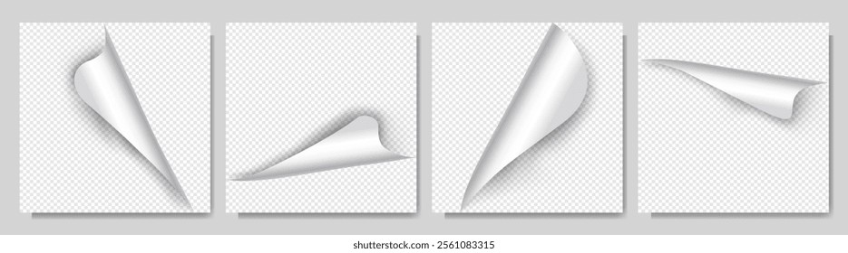 Vector illustration. Set of 4 realistic curled glossy paper corners with shadow effects on transparent backgrounds. Folded blank page elements for web banners, social media template, blog post