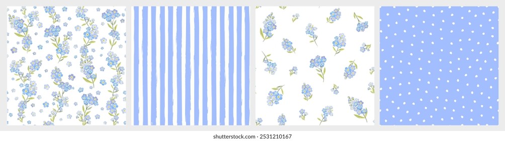 Vector illustration. Set of 4 Seamless patterns in blue tones, forget-me-not flowers, dots, stripes. Flowers, summer, vacation, fabric design, wrapping paper