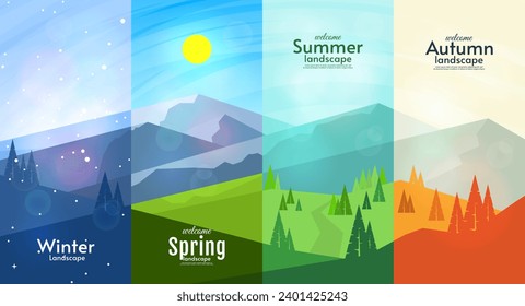 Vector illustration. Set of 4 season landscape illustration. Flat style landscape illustration. Winter, spring, summer, autumn vector landscape. Mountains with field, hills and forest. 