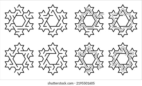 Vector illustration of a set of 4 Snowflake Shaped Mazes With Hexagon Core and 6 Spikes for kids with different entrance points and different levels of complexity. With solutions.